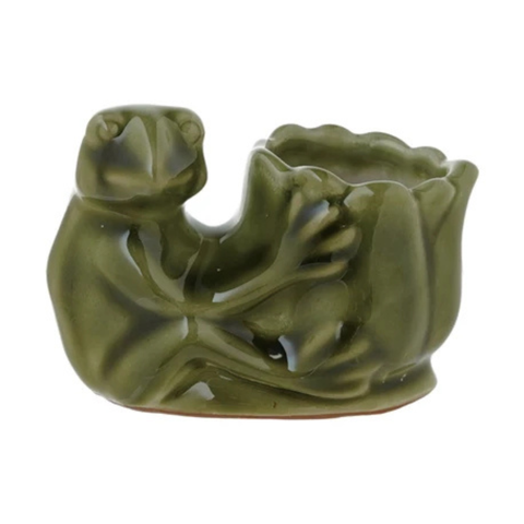 Stoneware Frog Holding Flower Shaped Vase