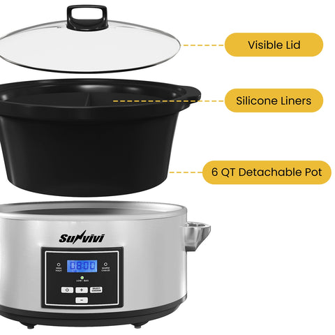 Sunvivi 6 Quart Programmable Slow Cooker With 2 in 1 Silicone Liner - Silver