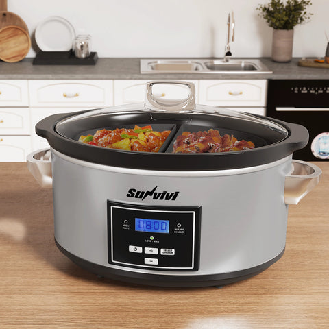 Sunvivi 6 Quart Programmable Slow Cooker With 2 in 1 Silicone Liner - Silver