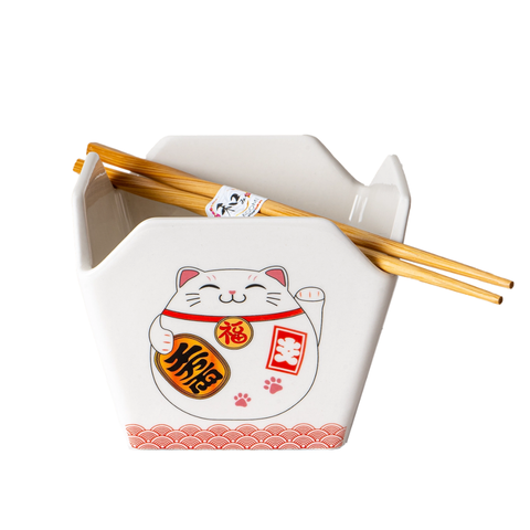 Takeout Box Serving Bowl with Chopsticks - Lucky Cat