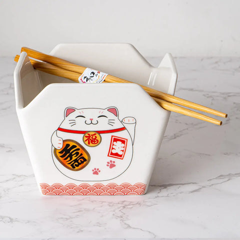 Takeout Box Serving Bowl with Chopsticks - Lucky Cat