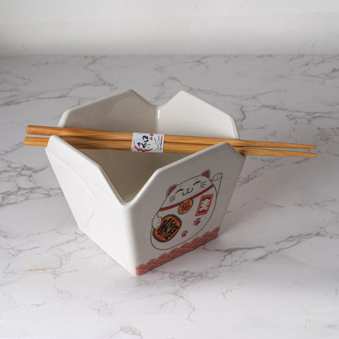 Takeout Box Serving Bowl with Chopsticks - Lucky Cat