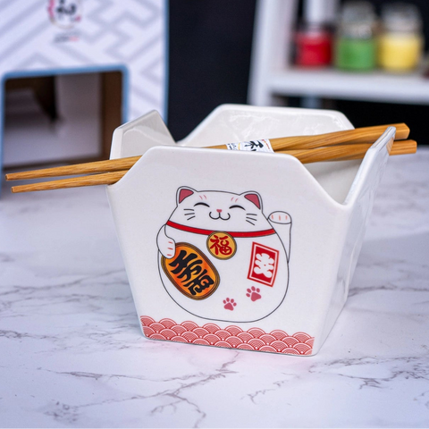 Takeout Box Serving Bowl with Chopsticks - Lucky Cat