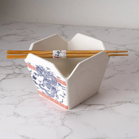 Takeout Box Serving Bowl with Chopsticks - Blue & White Dragon