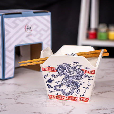 Takeout Box Serving Bowl with Chopsticks - Blue & White Dragon