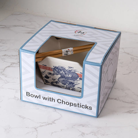 Takeout Box Serving Bowl with Chopsticks - Blue & White Dragon