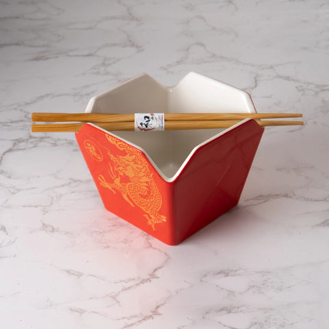 Takeout Box Serving Bowl with Chopsticks - Red & Gold Dragon