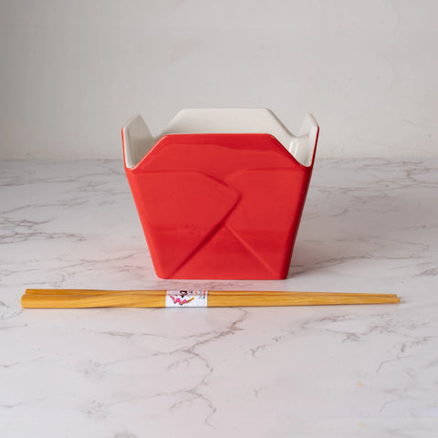 Takeout Box Serving Bowl with Chopsticks - Red & Gold Dragon