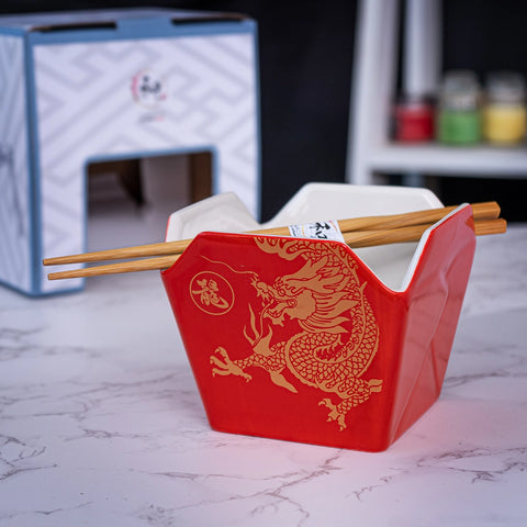 Takeout Box Serving Bowl with Chopsticks - Red & Gold Dragon