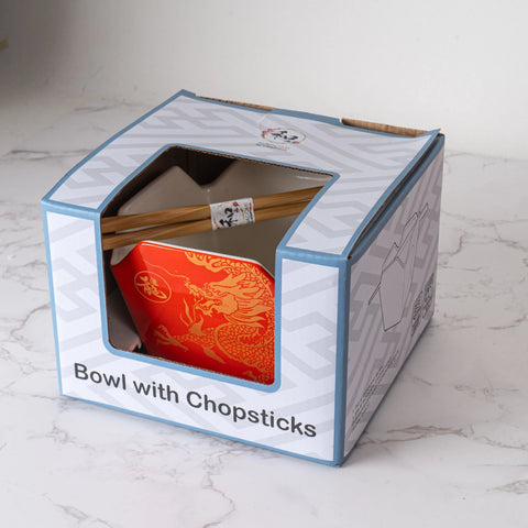 Takeout Box Serving Bowl with Chopsticks - Red & Gold Dragon