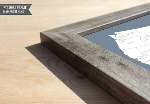 Framed World Push Pin Map - Slate Blue