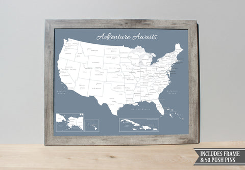 Framed USA Push Pin Map - Slate Blue