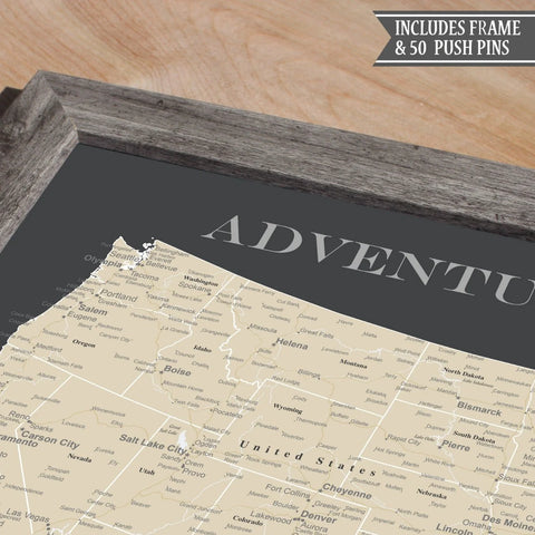 Framed Adventure Awaits USA Push Pin Travel Map, 11" x 14", Grey Frame