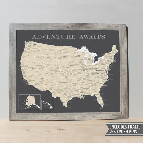 Framed Adventure Awaits USA Push Pin Travel Map, 11" x 14", Grey Frame