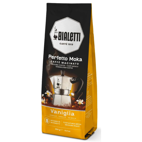 Bialetti coffee bag with vanilla flavor on a white background