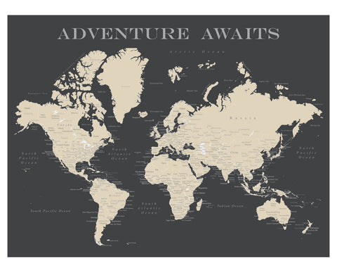 Framed World Push Pin Map - Charcoal Grey