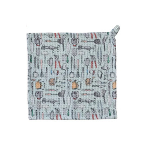 Waffle Weave Dish Cloth w/ Kitchen Tools Pattern, Blue