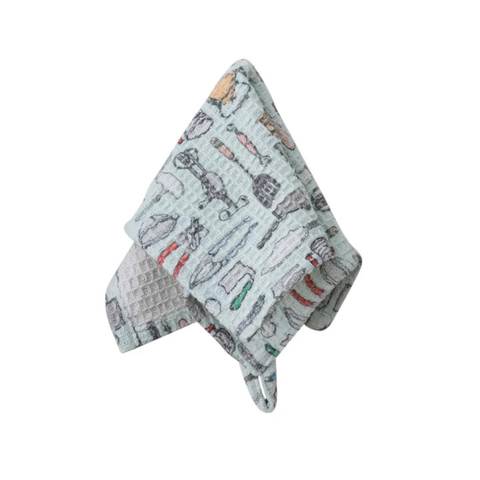 Waffle Weave Dish Cloth w/ Kitchen Tools Pattern, Blue