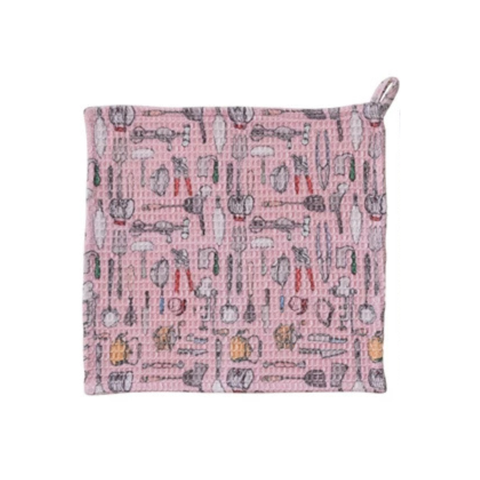 Waffle Weave Dish Cloth w/ Kitchen Tools Pattern, Pink