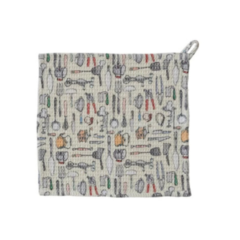 Waffle Weave Dish Cloth w/ Kitchen Tools Pattern, Taupe