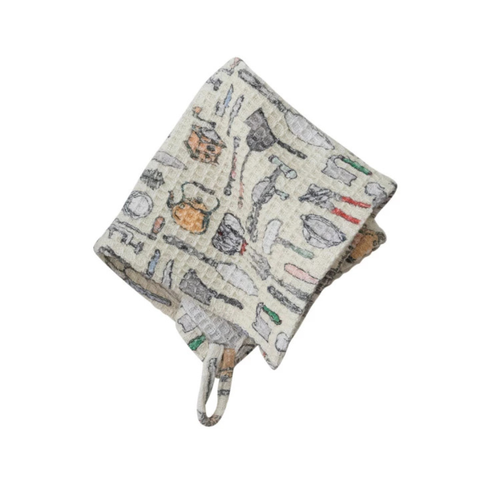 Waffle Weave Dish Cloth w/ Kitchen Tools Pattern, Taupe