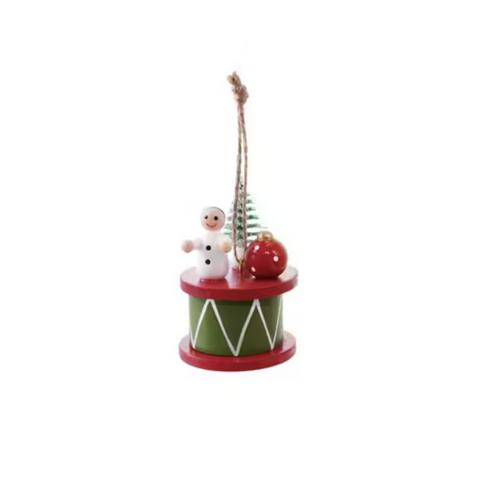 Wood Drum Ornament with Holiday Figure - Green