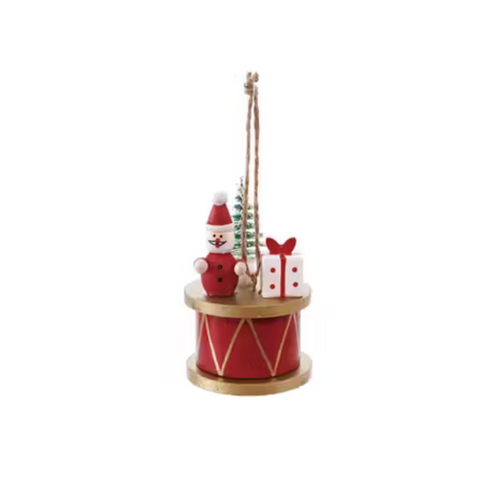 Wood Drum Ornament with Holiday Figure - Red