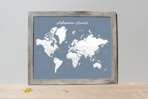 Framed World Push Pin Map - Slate Blue