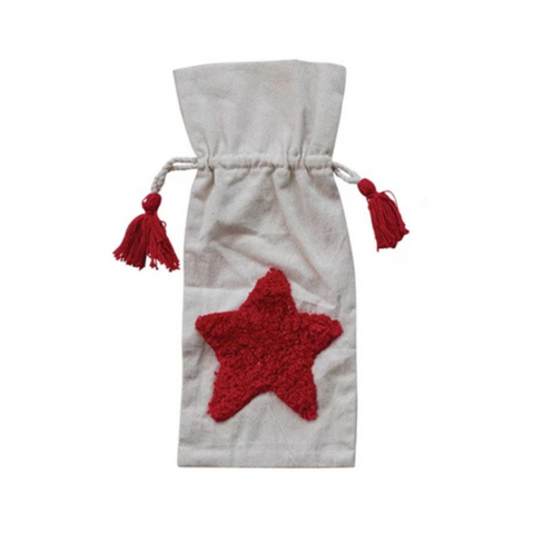 Woven Drawstring Wine Bag With Tufted Star Design