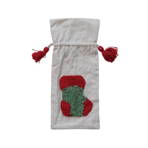 Woven Drawstring Wine Bag With Tufted Stocking Design