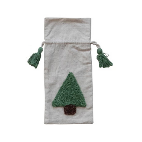 Woven Drawstring Wine Bag With Tufted Tree Design