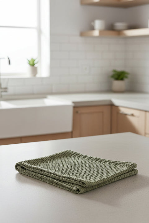 Stonewashed Cotton Waffle Weave Tea Towel, Green