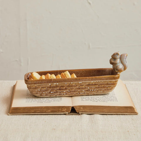 Stoneware Dish With Squirrel Holding Acorn