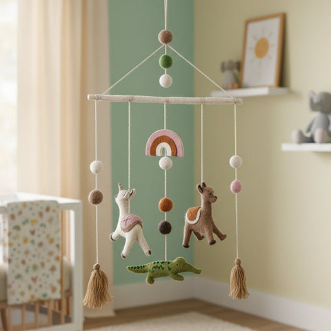 Wool Felt Mobile with Llamas, Alligator and Tassels