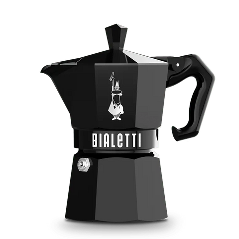 Black Bialetti coffee maker on a white background
