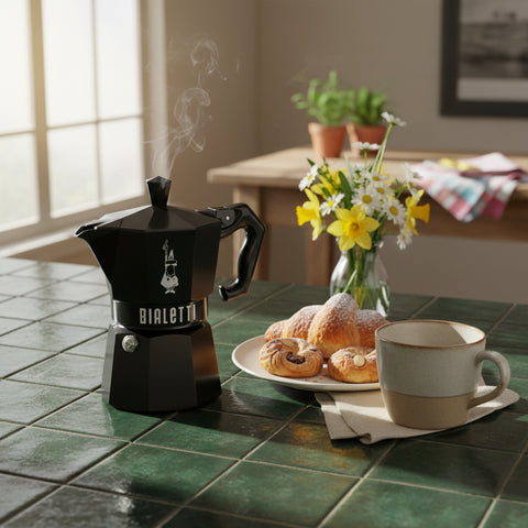 Black Bialetti coffee maker on a white background