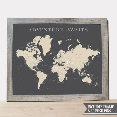 Framed Adventure Awaits World Push Pin Travel Map, 11" x 14", Grey Frame