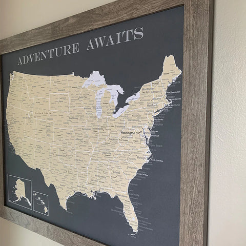 Framed Adventure Awaits USA Push Pin Travel Map, 11" x 14", Grey Frame