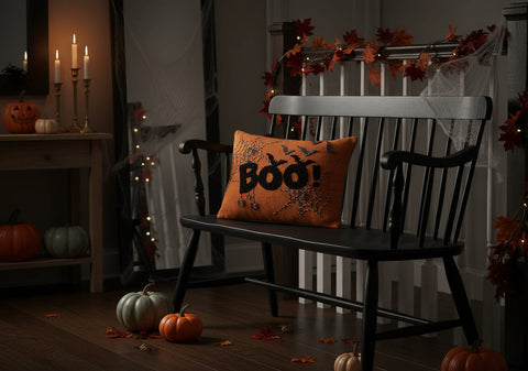 Spider Webs + Bats "BOO!" Lumbar Pillow