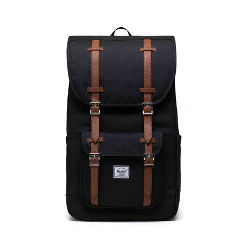 Black backpack with brown straps on a white background