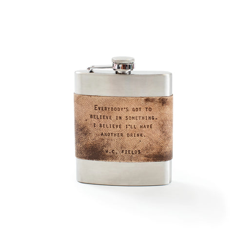 W.C. Fields Brown Leather Quote Flask